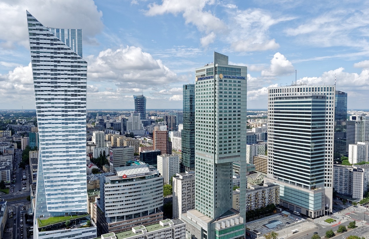 Office buildings in a vibrant commercial district