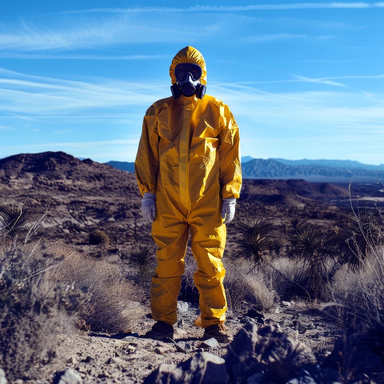 A remediation contractor, clad in a protective hazmat suit.