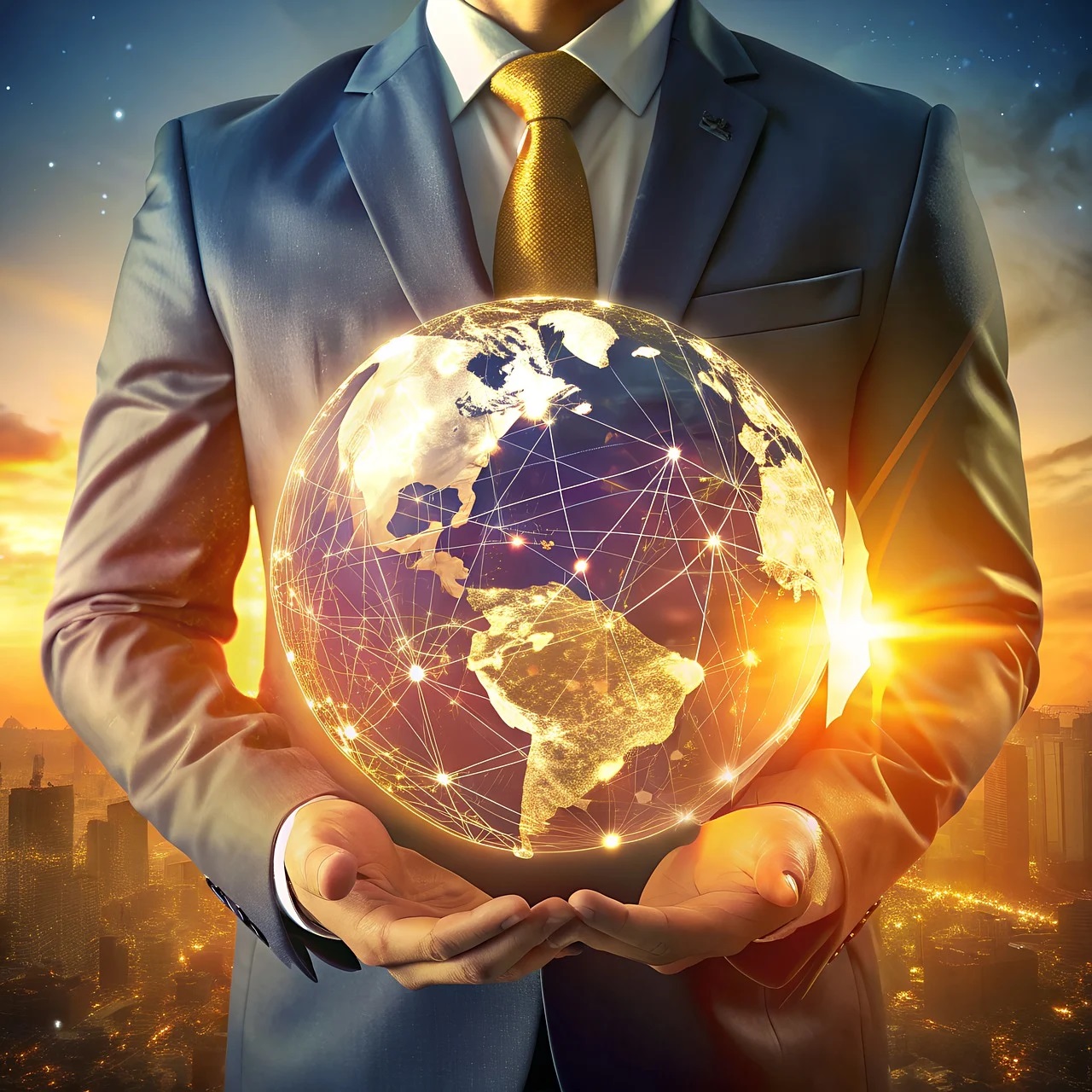 Business owner grasps a glowing globe, symbolizing global connectivity and limitless opportunity