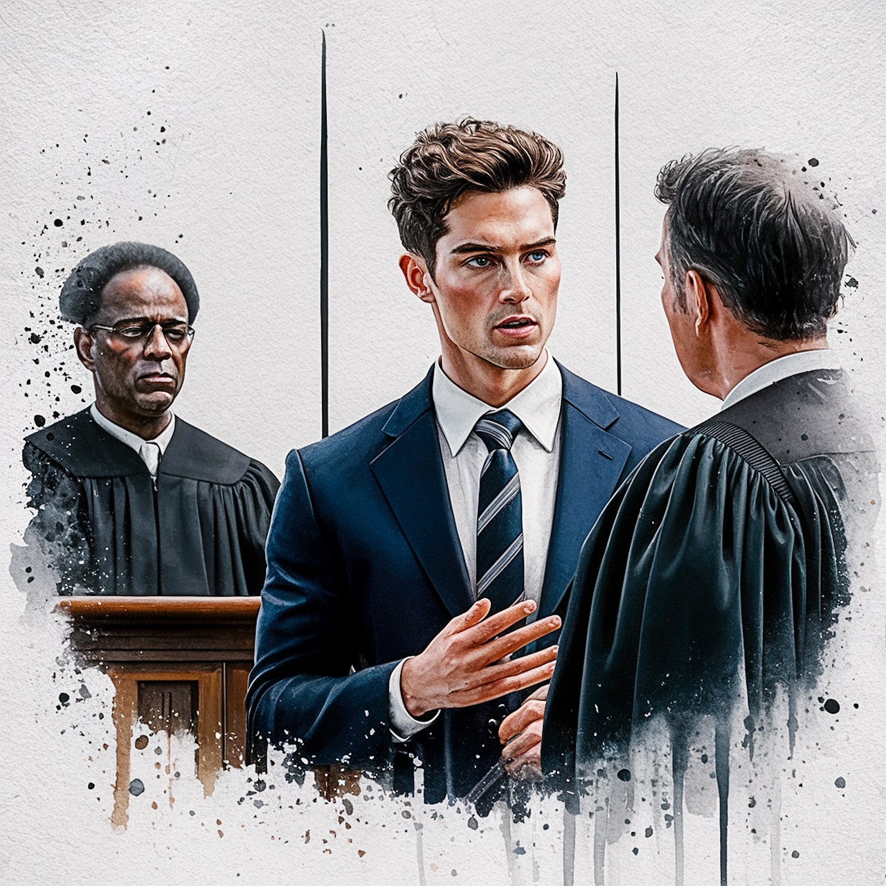 A company executive dressed in a suit and faces a prosecuting lawyer.