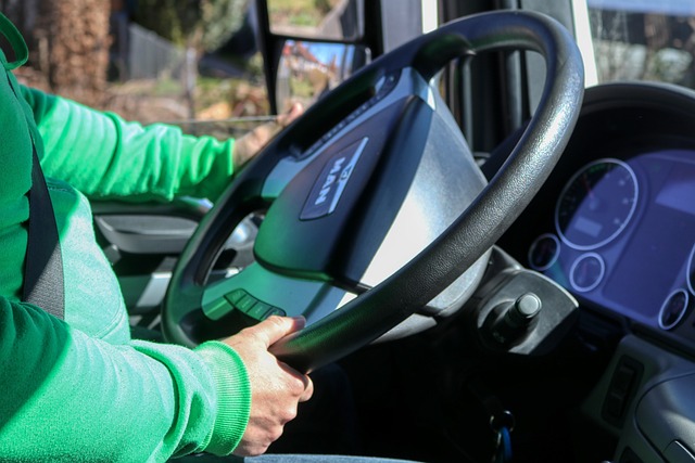 Driver seated at the wheel of a delivery truck