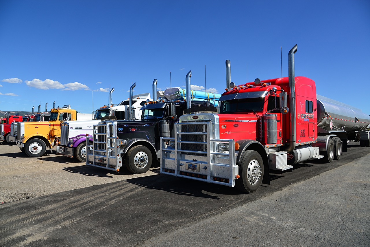 A fleet of commercial semi-trailer trucks in the yard.