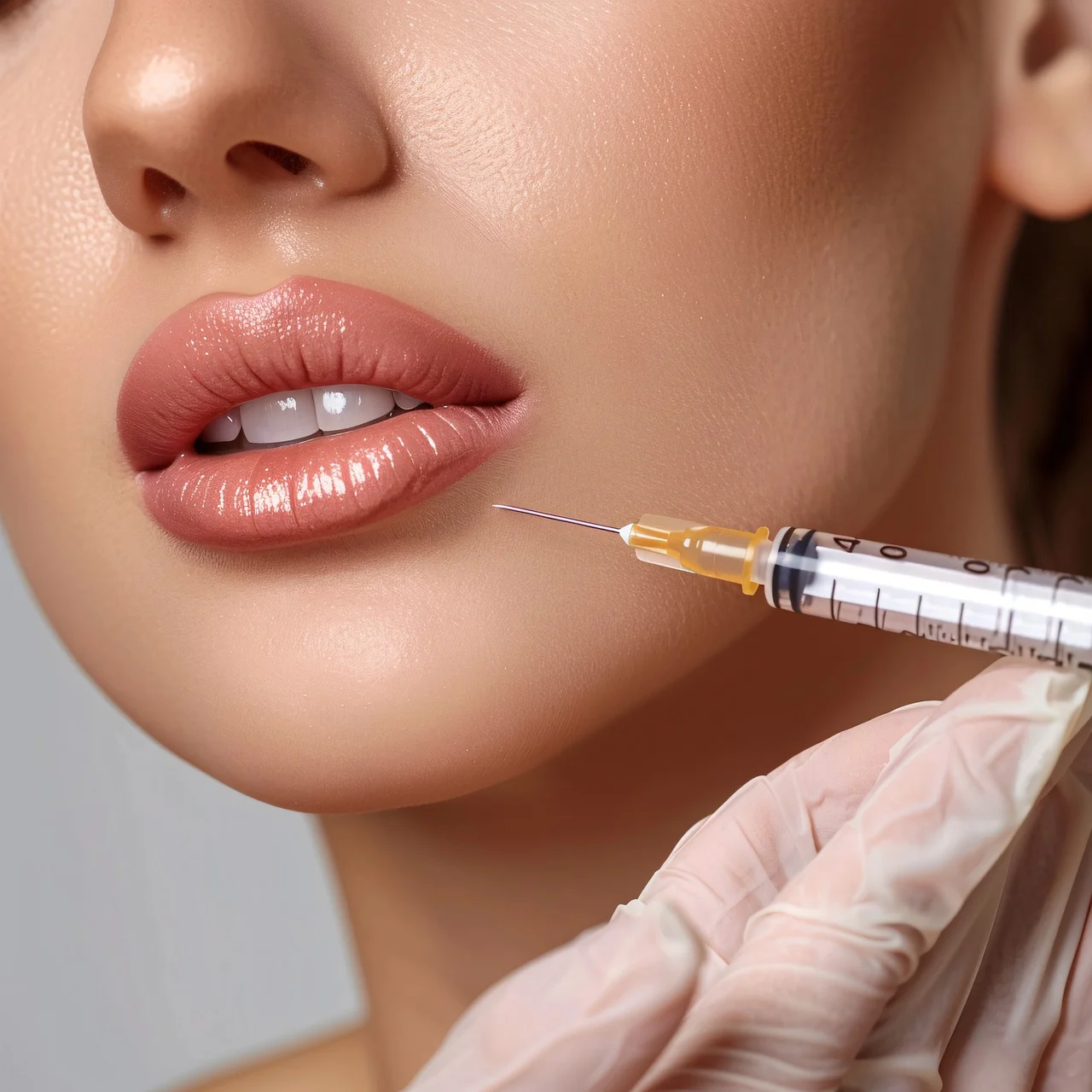 Woman receiving lip filler injection