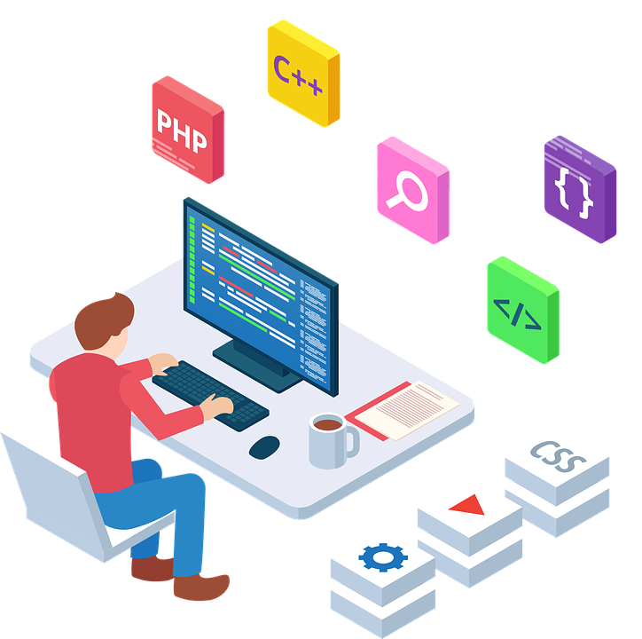 Web designer codes software program on computer, focused on developing custom solutions.
