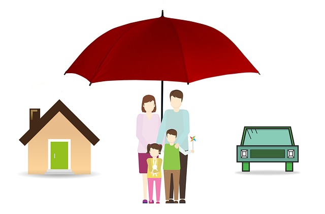 An umbrella shielding a family of four, their home, and vehicle.