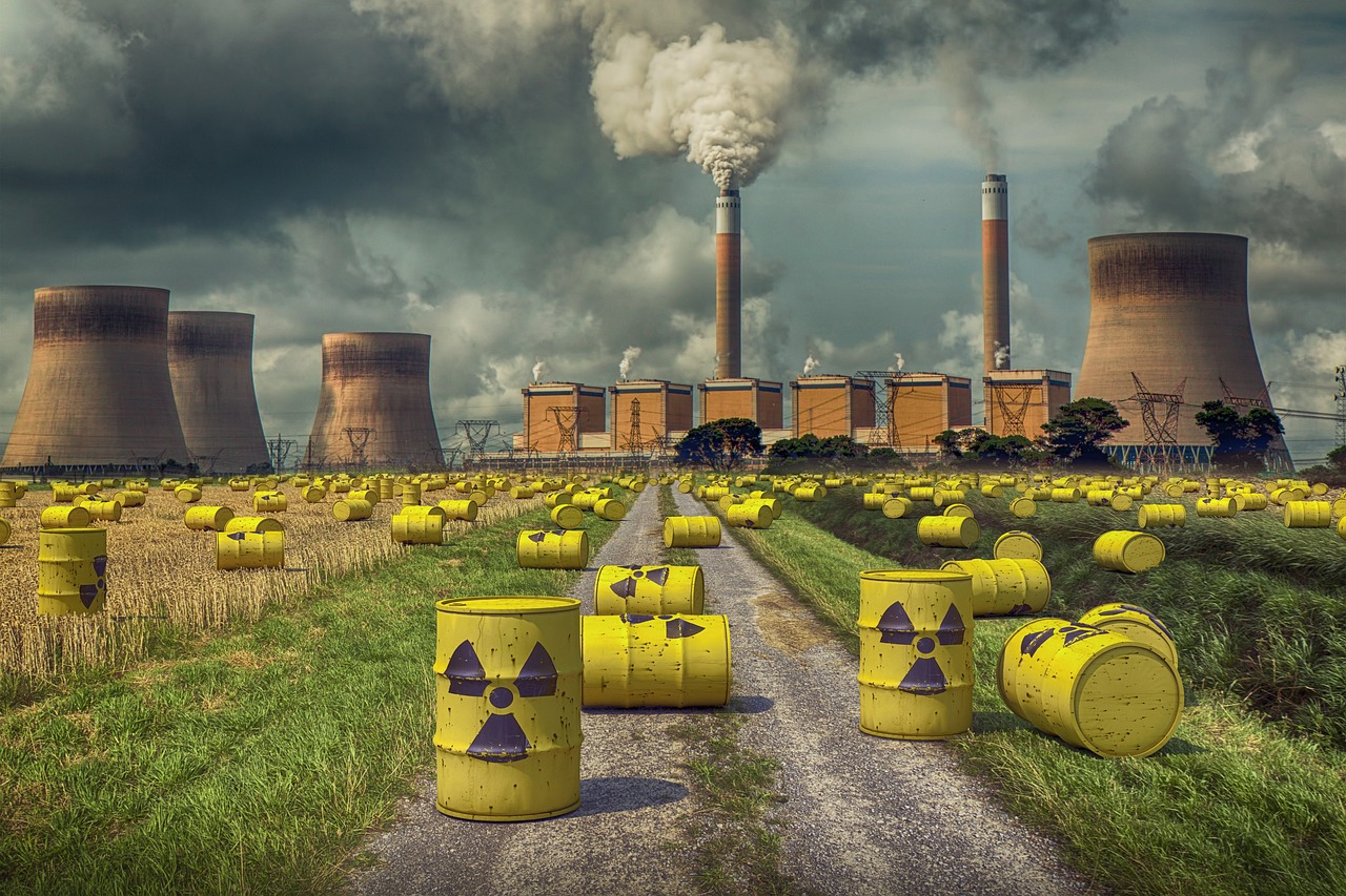 Hazardous waste drums stored outside a nuclear facility,