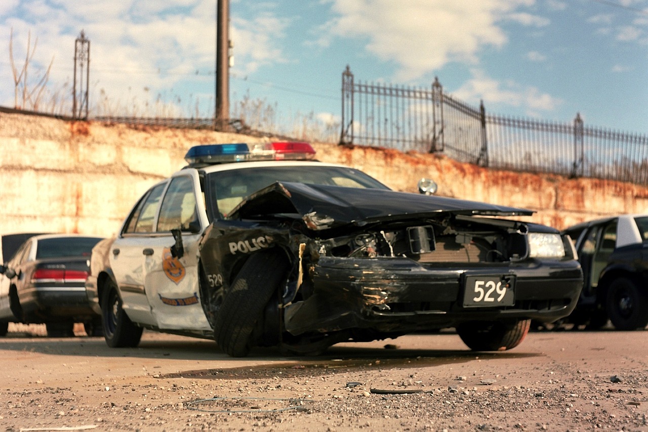 Accident-damaged police vehicle