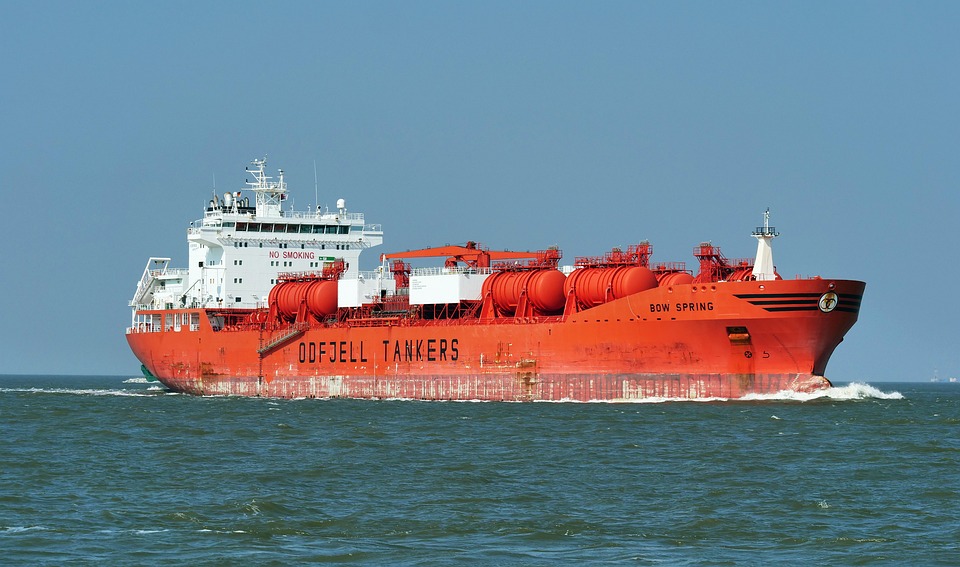 Oil tanker at sea, carrying crude oil.