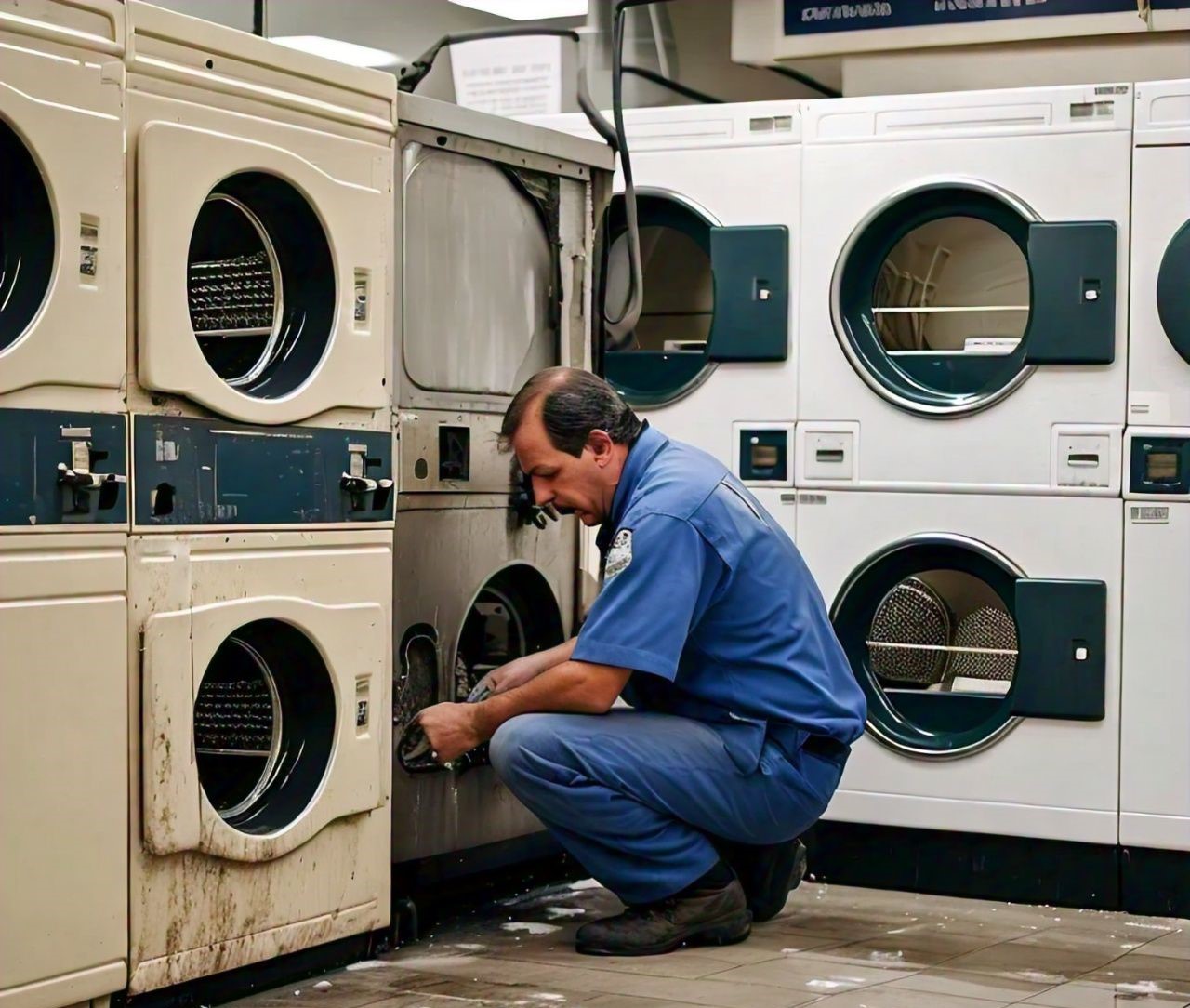 Technician in blue uniform repairs washing machine.