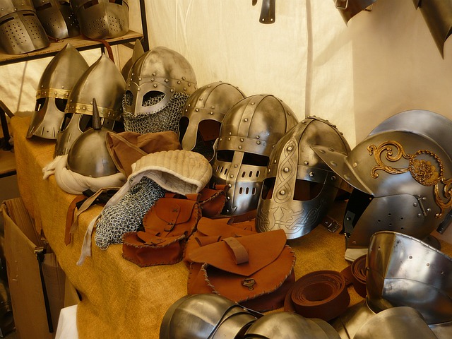 Medieval battle props in a reenactment group's storage