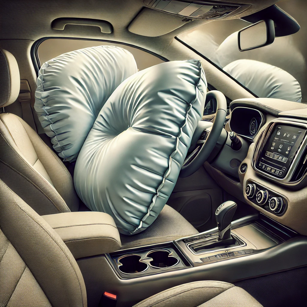 Deployed airbags fill the interior of a modern vehicle, cushioning impact.