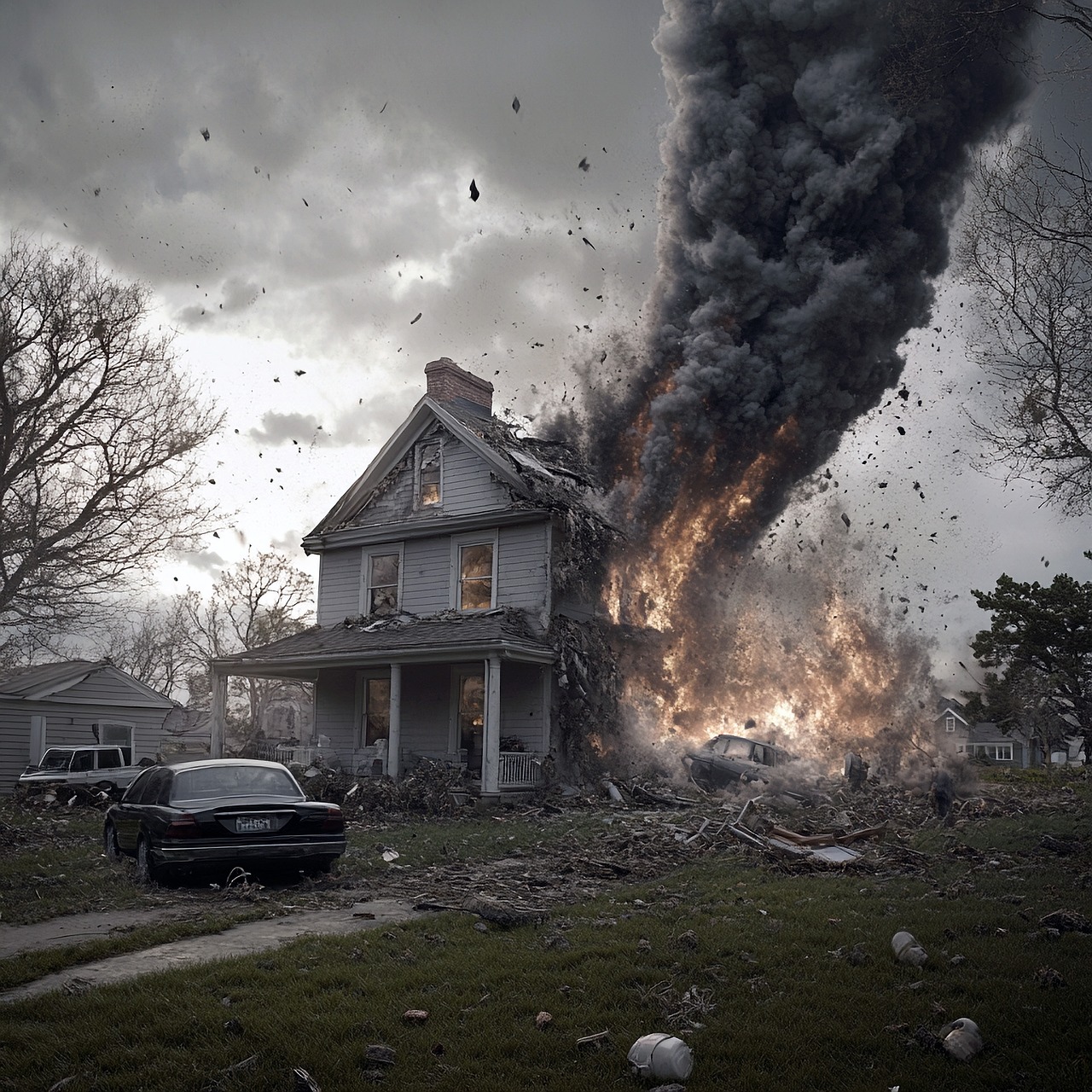 House engulfed in flames, smoke billowing into the air