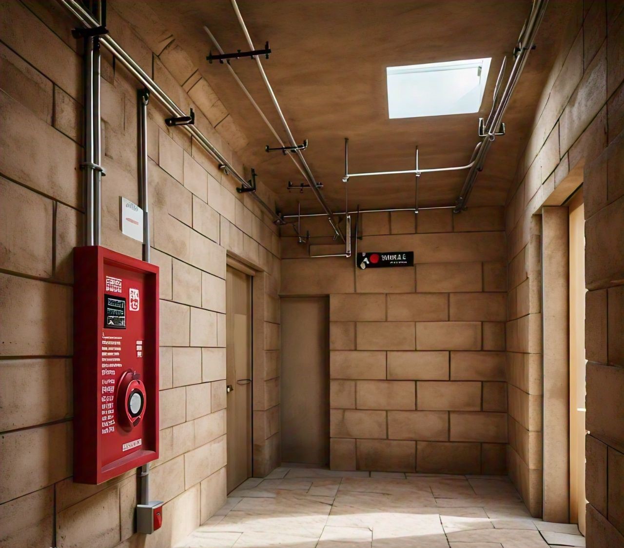 Room with fire safety features, including a sprinkler system and alarm panel.