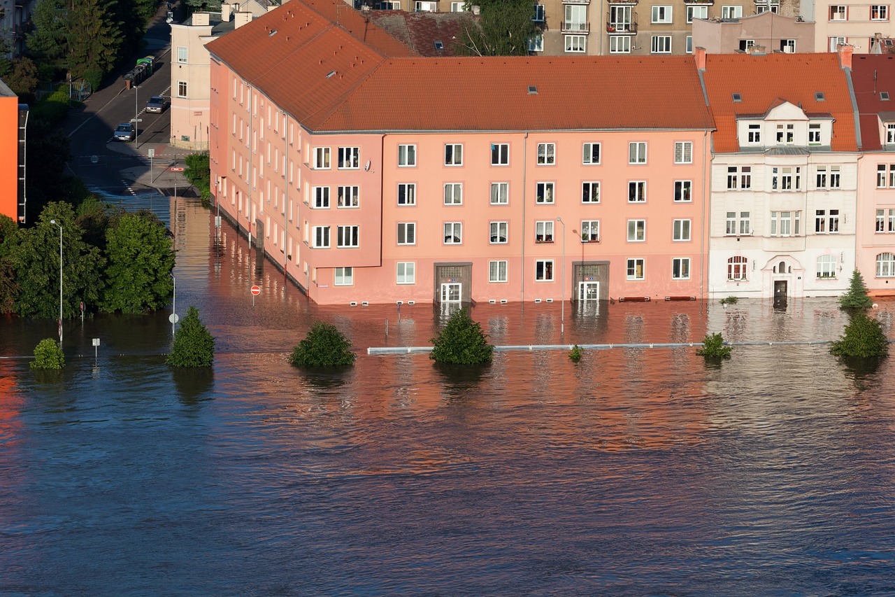 Commercial properties partially inundated with flood water