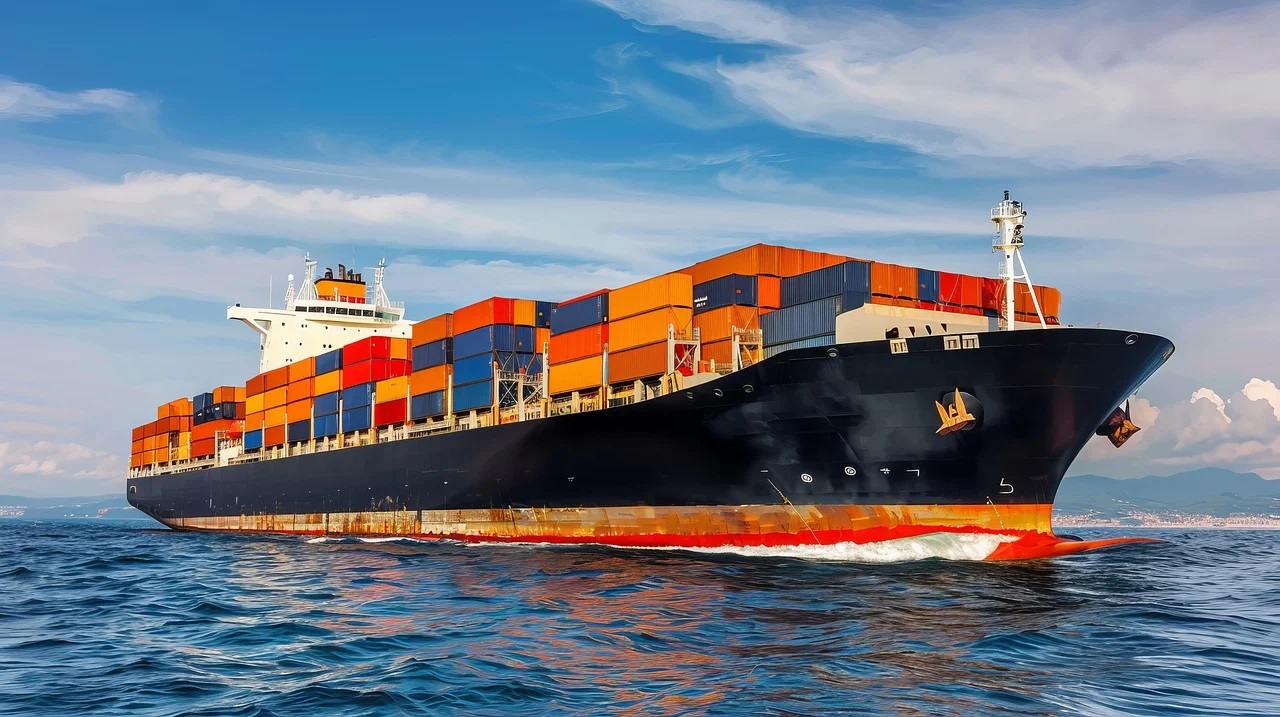 Ocean freighter carrying stacked containers.