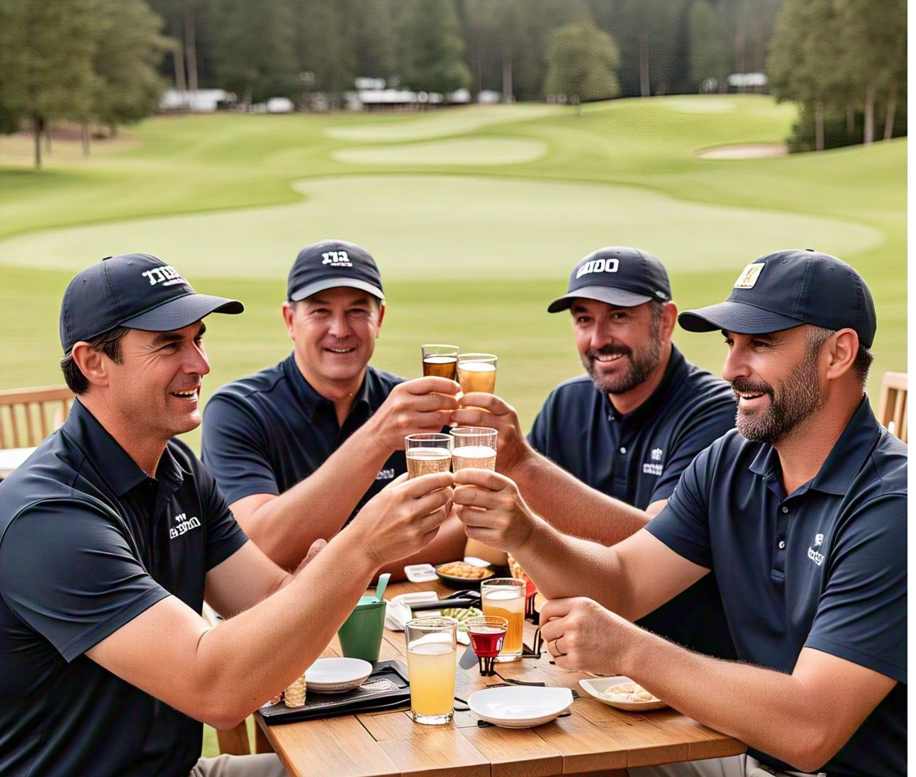 Golf club members raising a toast at the 19th hole.