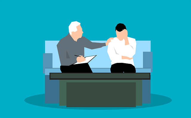 Stressed employee sitting in a psychologist's office.