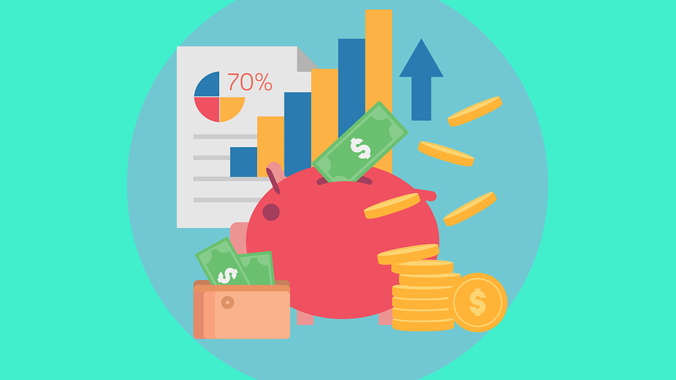 Piggy bank and dollars alongside rising graphs, illustrating successful cost savings