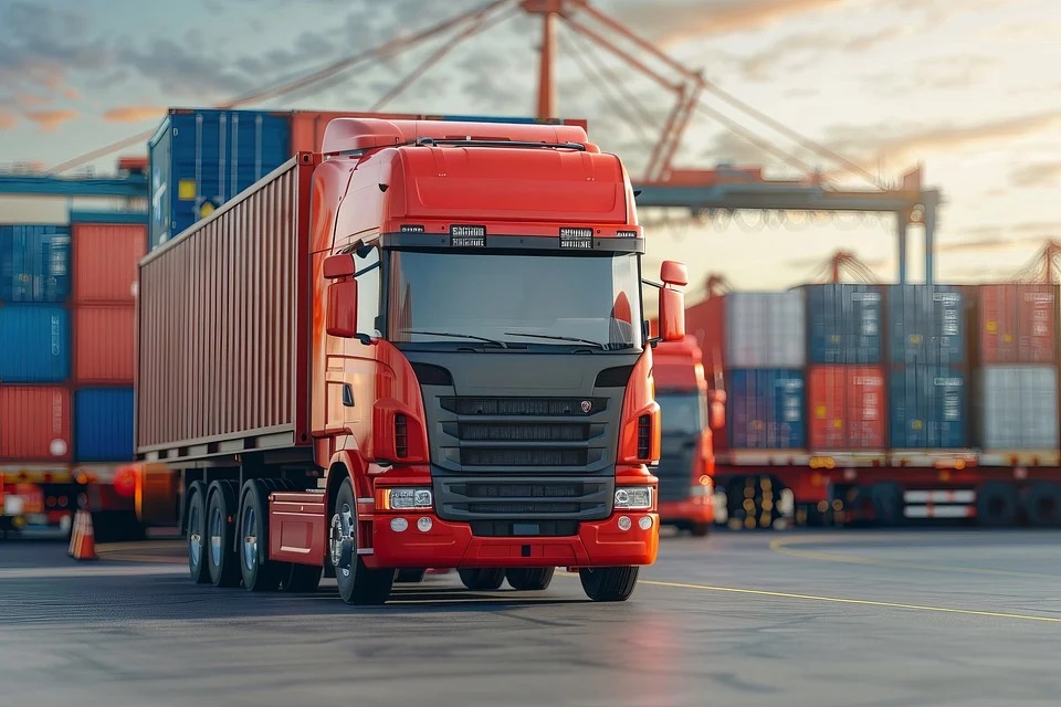 Freight truck exiting container storage depot