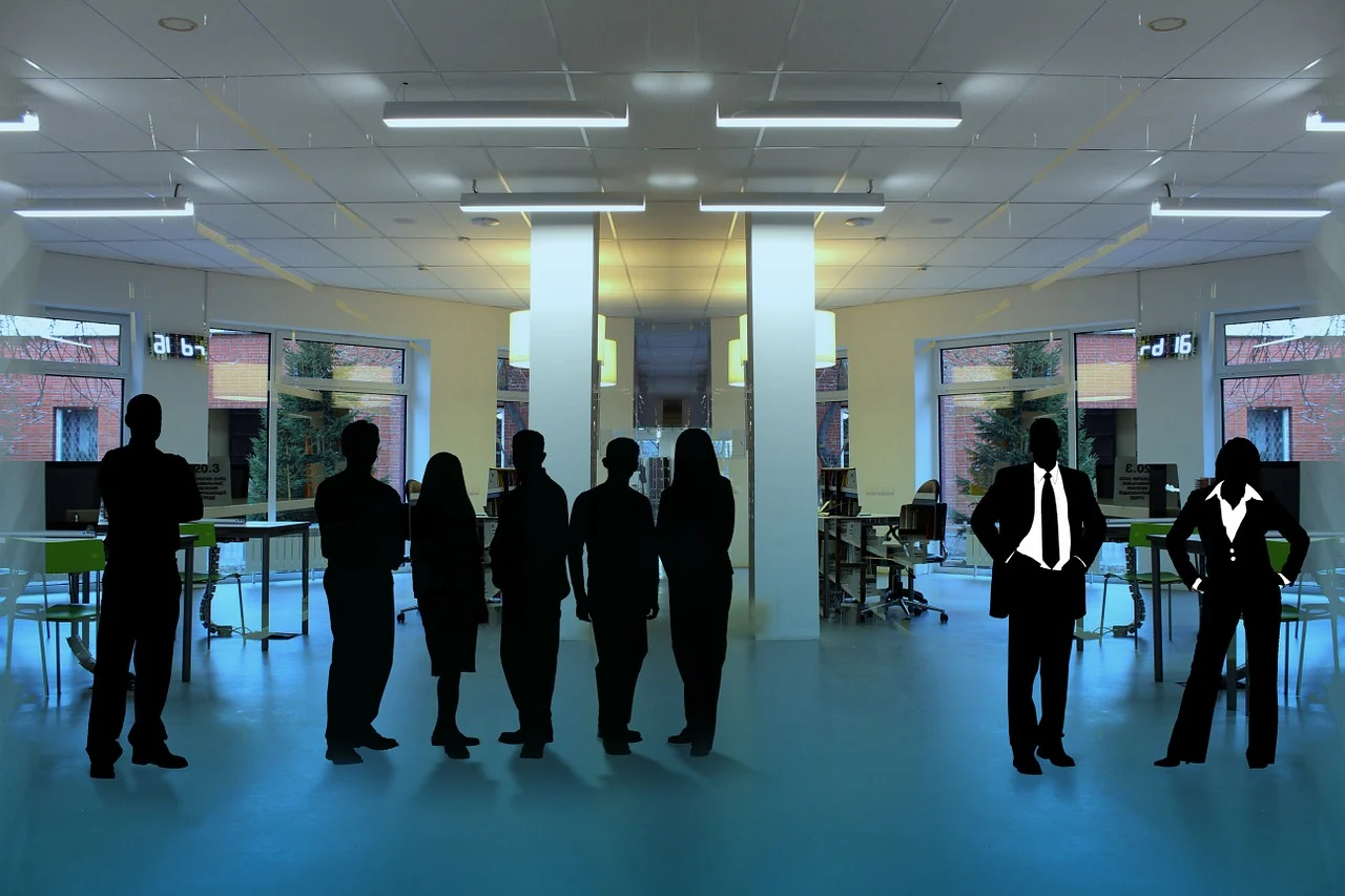 Silhouette of frontline workers gathered in the lobby.