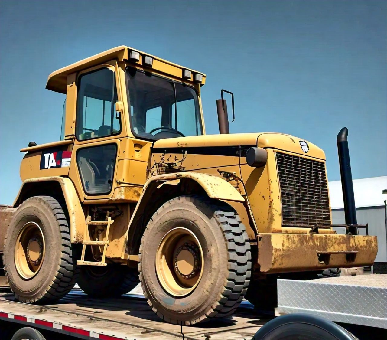 Damaged wheel loader being transported on a flatbed truck for repairs.
