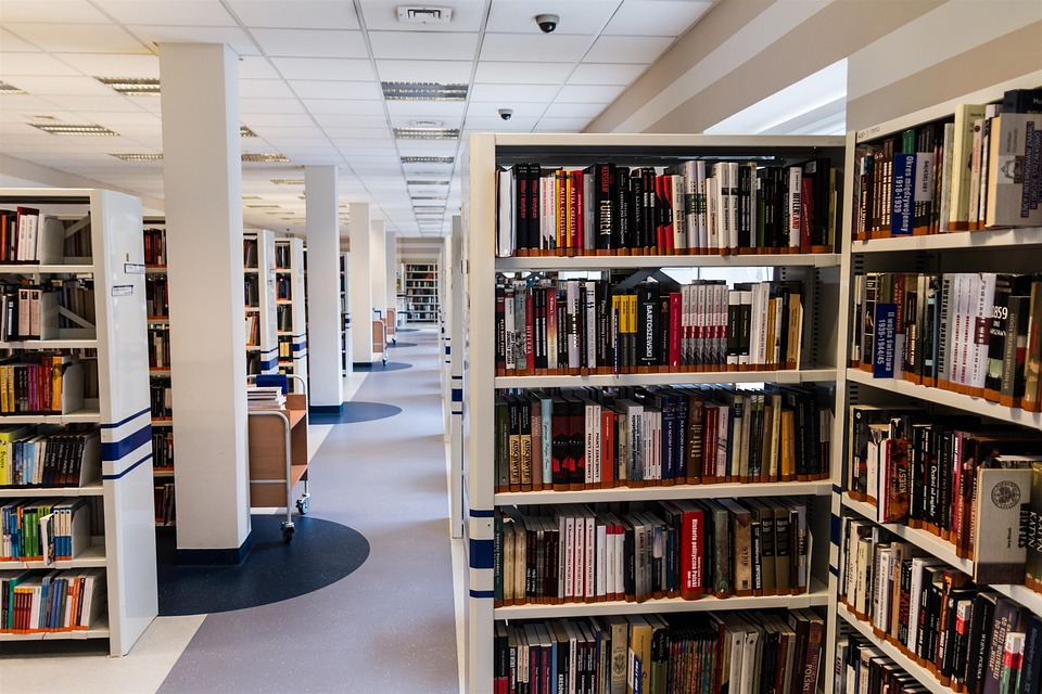 Contemporary library with rows of books and spacious aisles.
