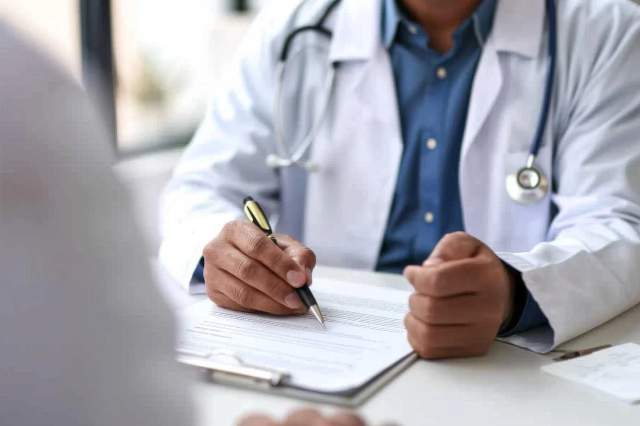Doctor completing patient referral form