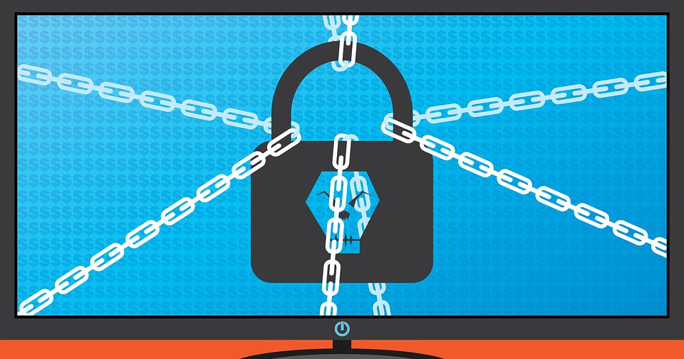 Locked computer screen with chains, indicating cyber attack or data breach