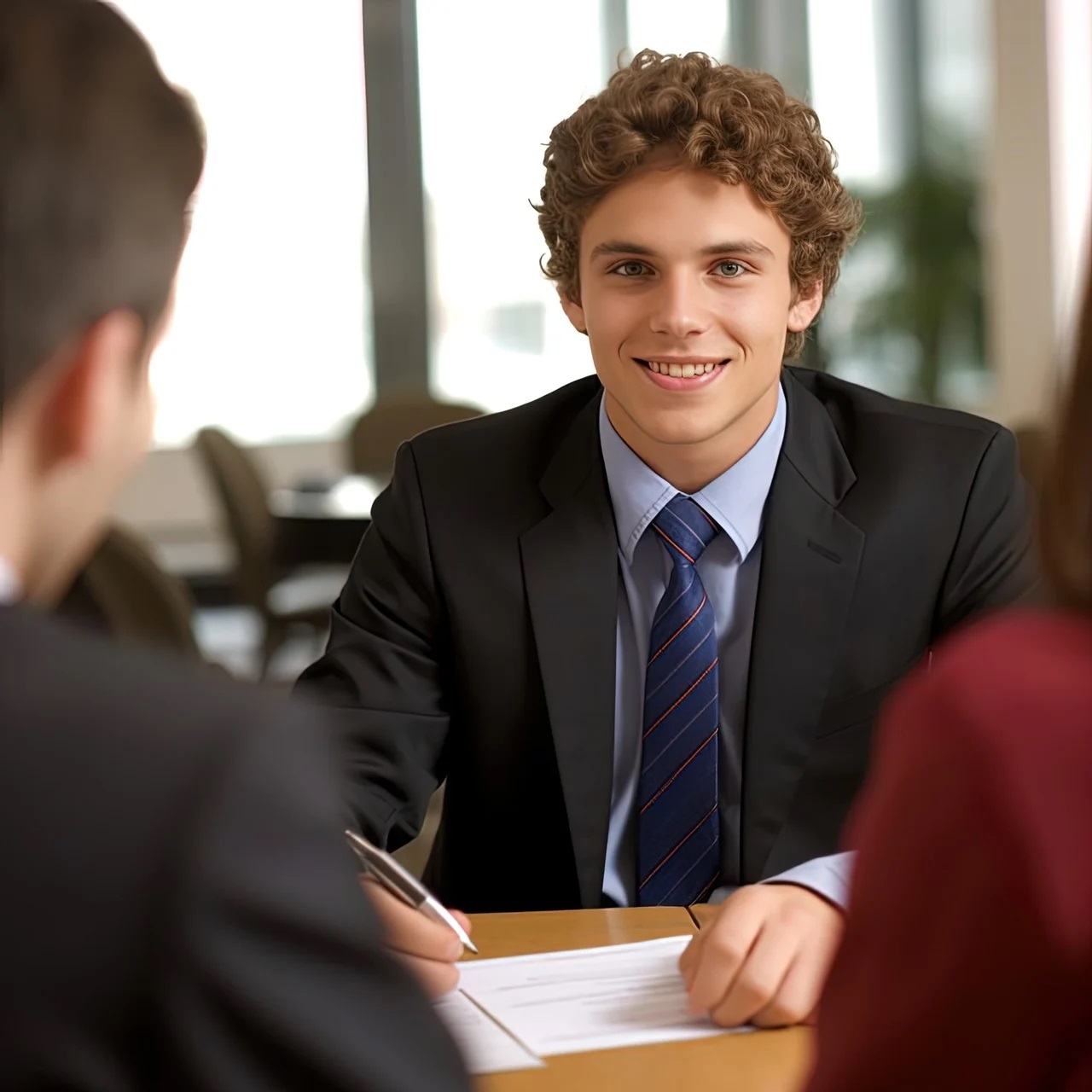 A mortgage broker reviews documents with clients, providing guidance on loan options.