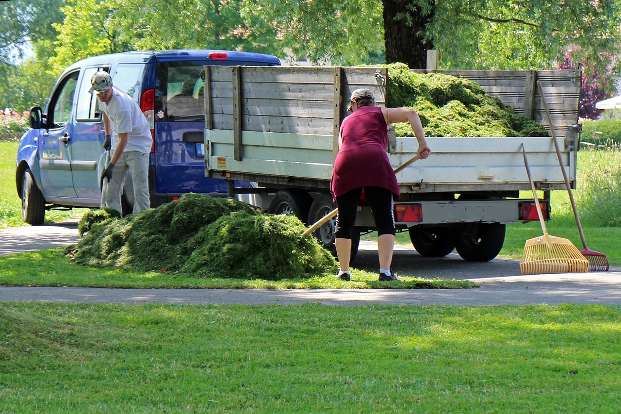 Landscapers loading freshly cut grass onto a trailer.