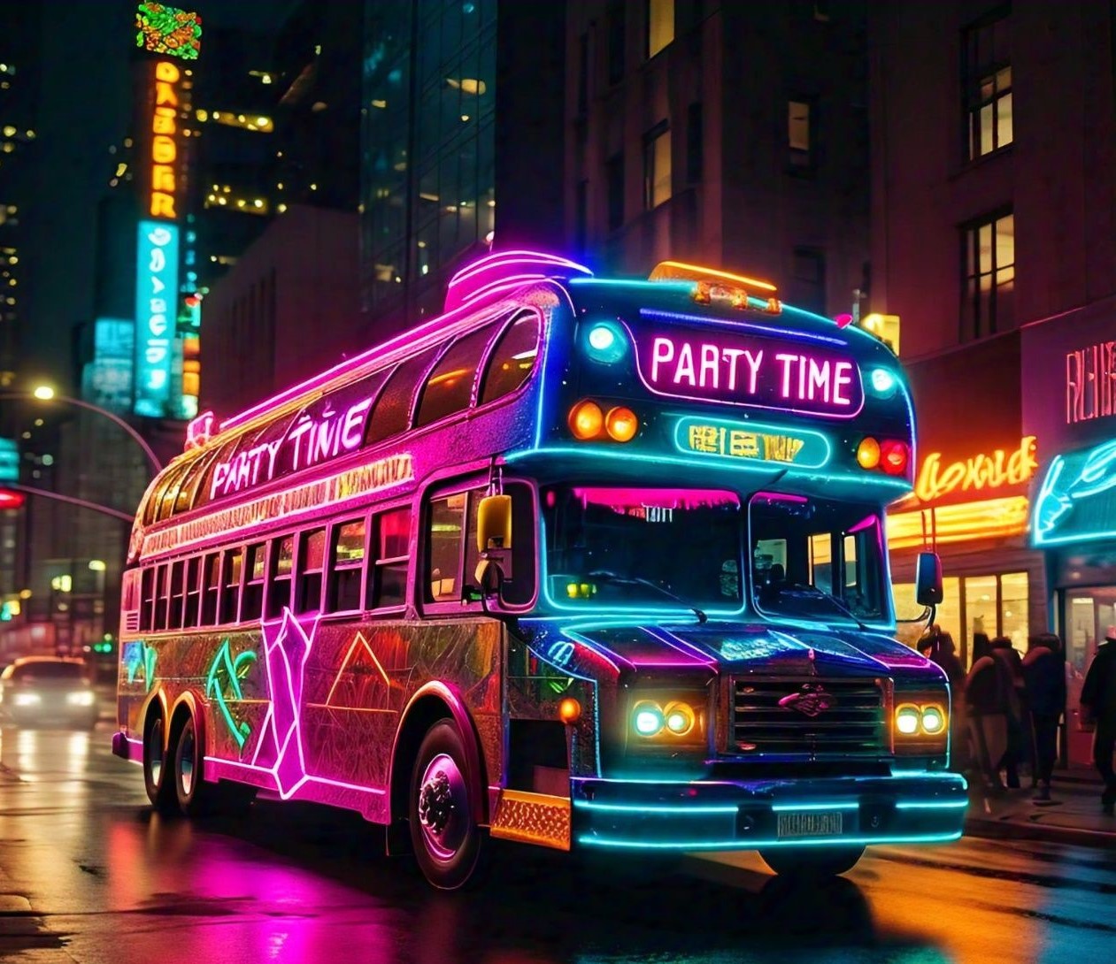 Colorful party bus with flashing lights and a sleek design