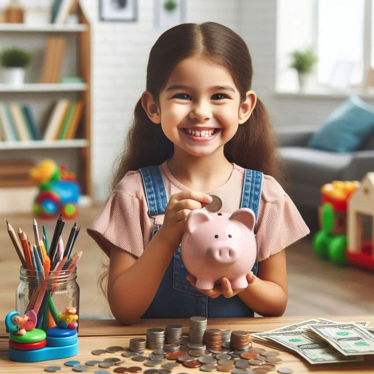 A young girl with a piggy bank and cash representing saving with tailored private school insurance.
