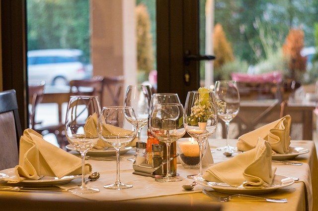 Restaurant with plates and glasses on a table