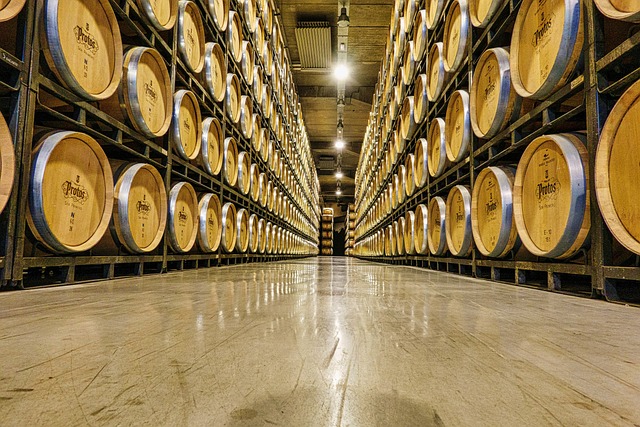 Winery barrels stacked in warehouse